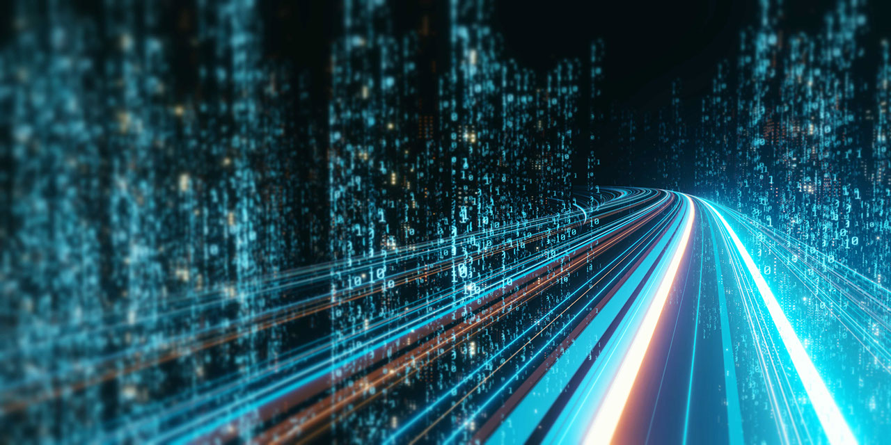 3D Rendering of abstract highway path through digital binary towers, Cloud & Infrastructure | DXC Technology
