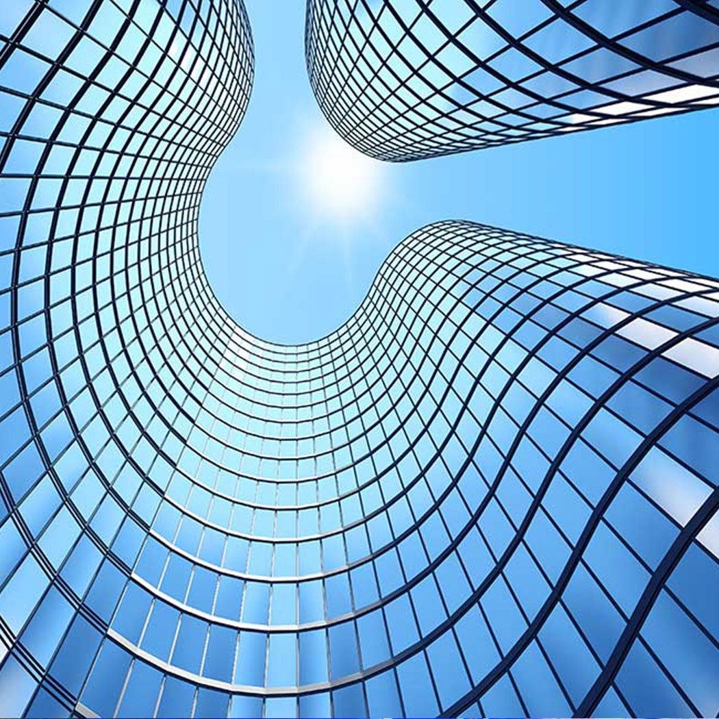 view looking to top of two curved buildings, Oracle | DXC Technology