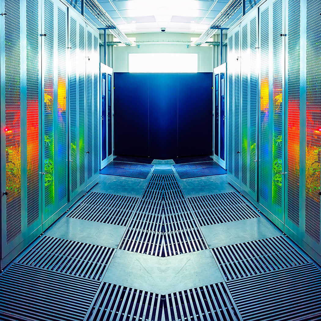 Bright server room with red, yellow and green lights, Compute & Data Center, HPE | DXC Technology