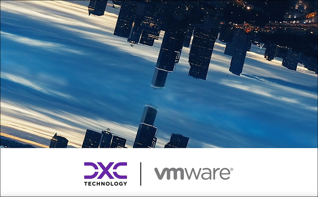 Partnership video image featuring cityscape, VMware | DXC Technology